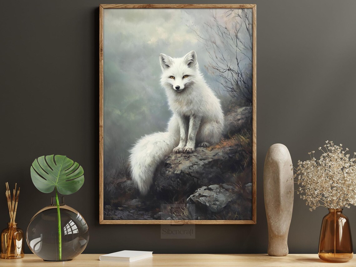 White Arctic Fox Sitting On Snowy Rocks Misty Winter Forest Wildlife Art Poster - Image 5