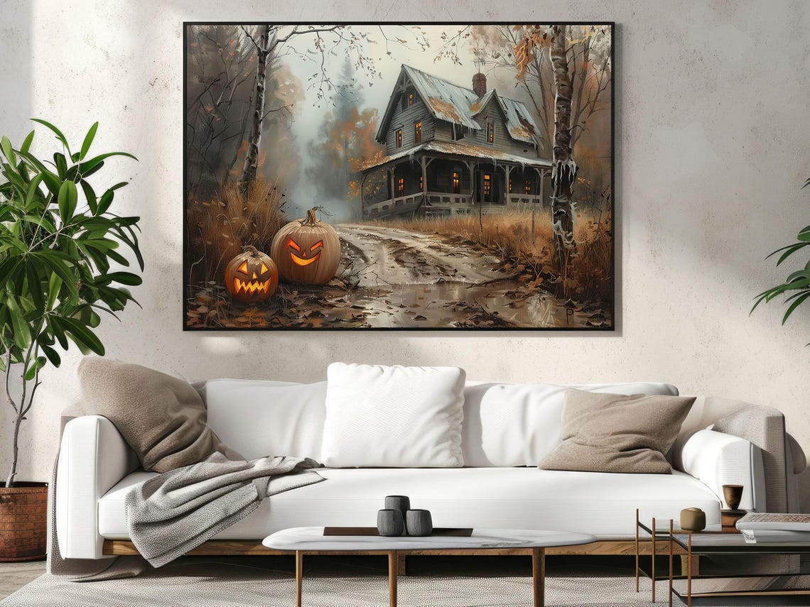 Haunted Old Farmhouse with Glowing Jack O Lanterns on Dirt Road Poster - Image 3