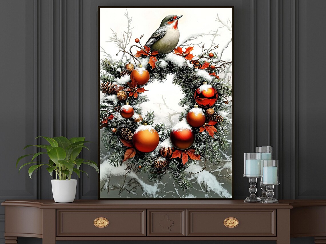 Vintage Christmas Wreath With Red Ornaments And Snowy Songbird Print - Image 5