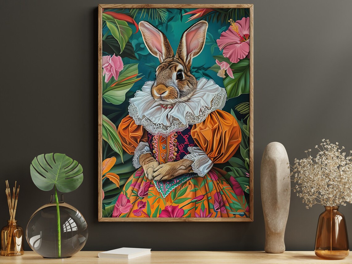 Rabbit In Orange Renaissance Gown Lace Ruff Tropical Whimsical Art Poster