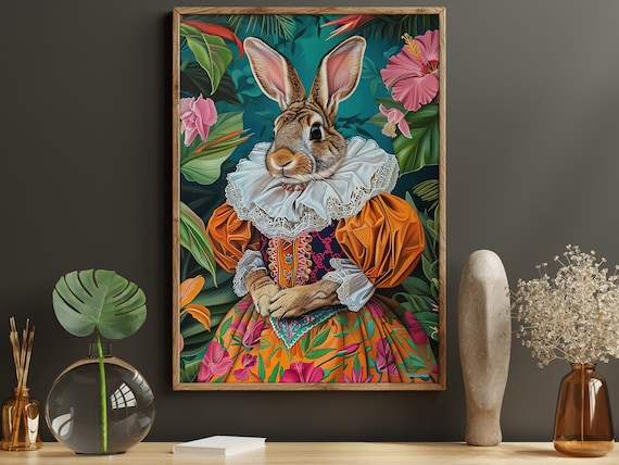 Rabbit In Orange Renaissance Gown Lace Ruff Tropical Whimsical Art Poster