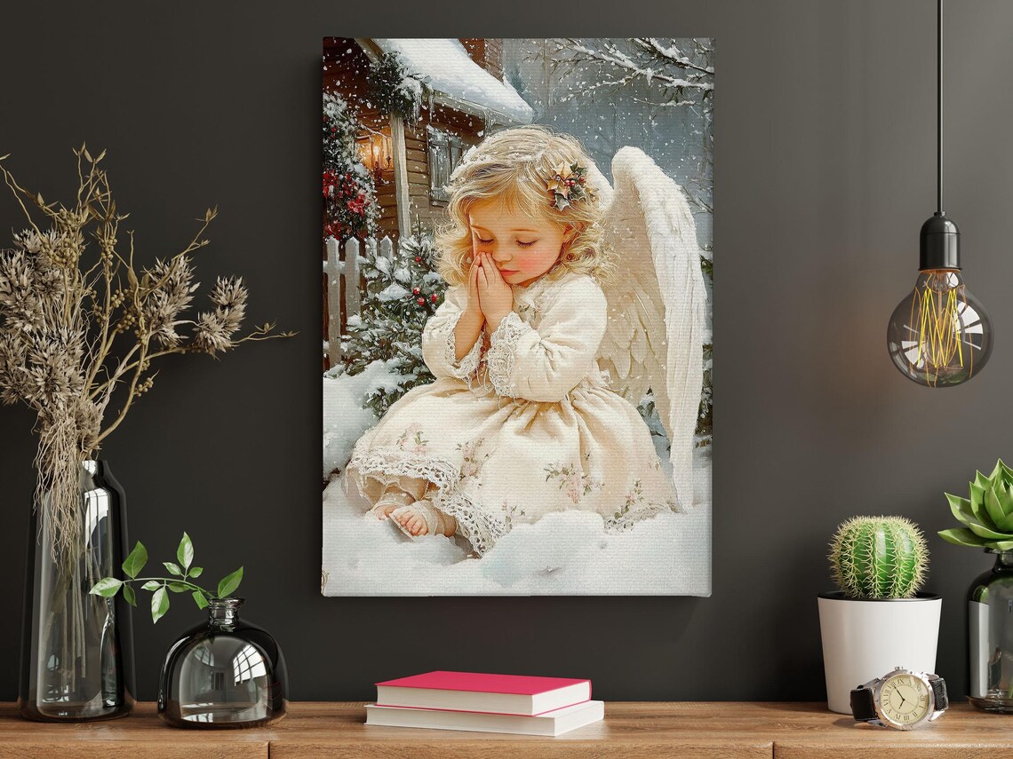 Little Angel Girl Praying In Snow Outside Cottage With Holly Vintage Print - Image 4