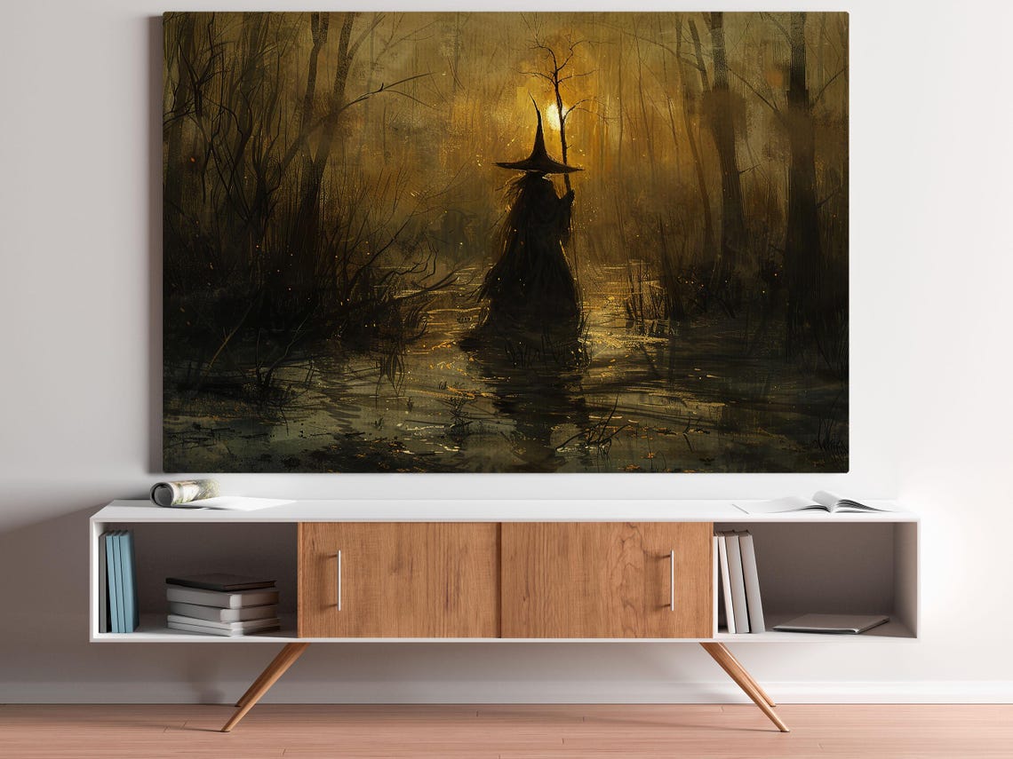 Dark Witch Wading Through Moonlit Creek in Haunted Forest Art Poster - Image 5