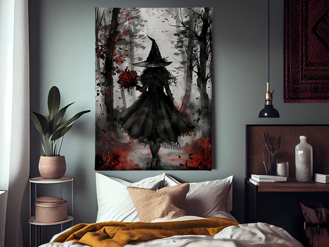 Dark Witch In Misty Forest Red Flowers Gothic Watercolor Halloween Art - Image 2