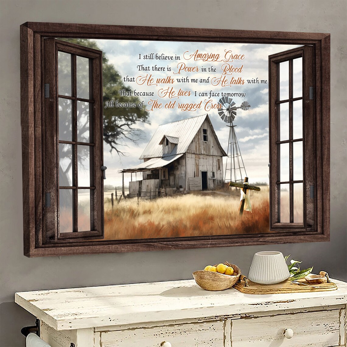 Amazing Grace Lyrics Open Window Old Barn Cross Golden Wheat Field Wall Art - Image 3