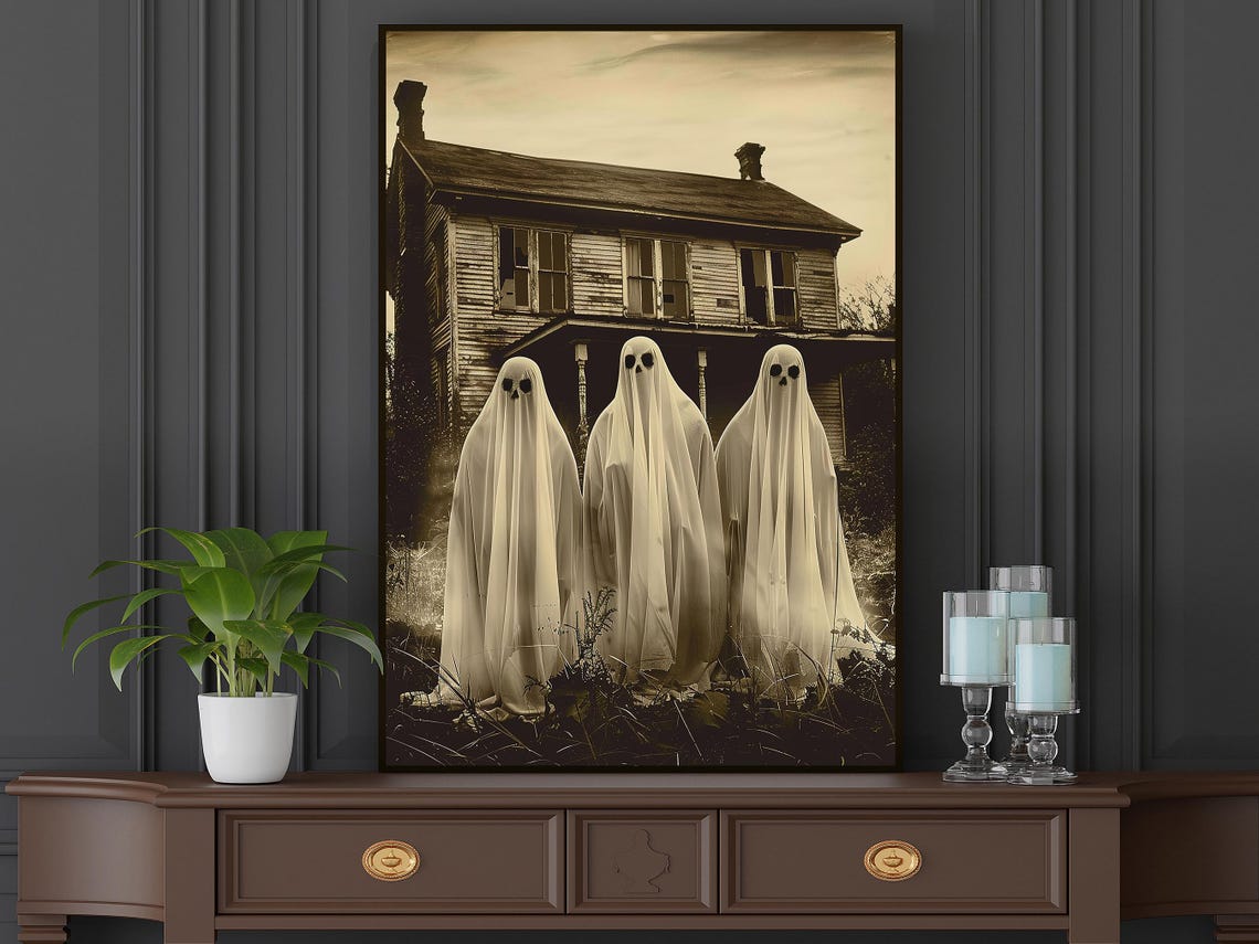 Three Vintage Sheet Ghosts in Front of Old Sepia Farmhouse Art Poster - Image 5