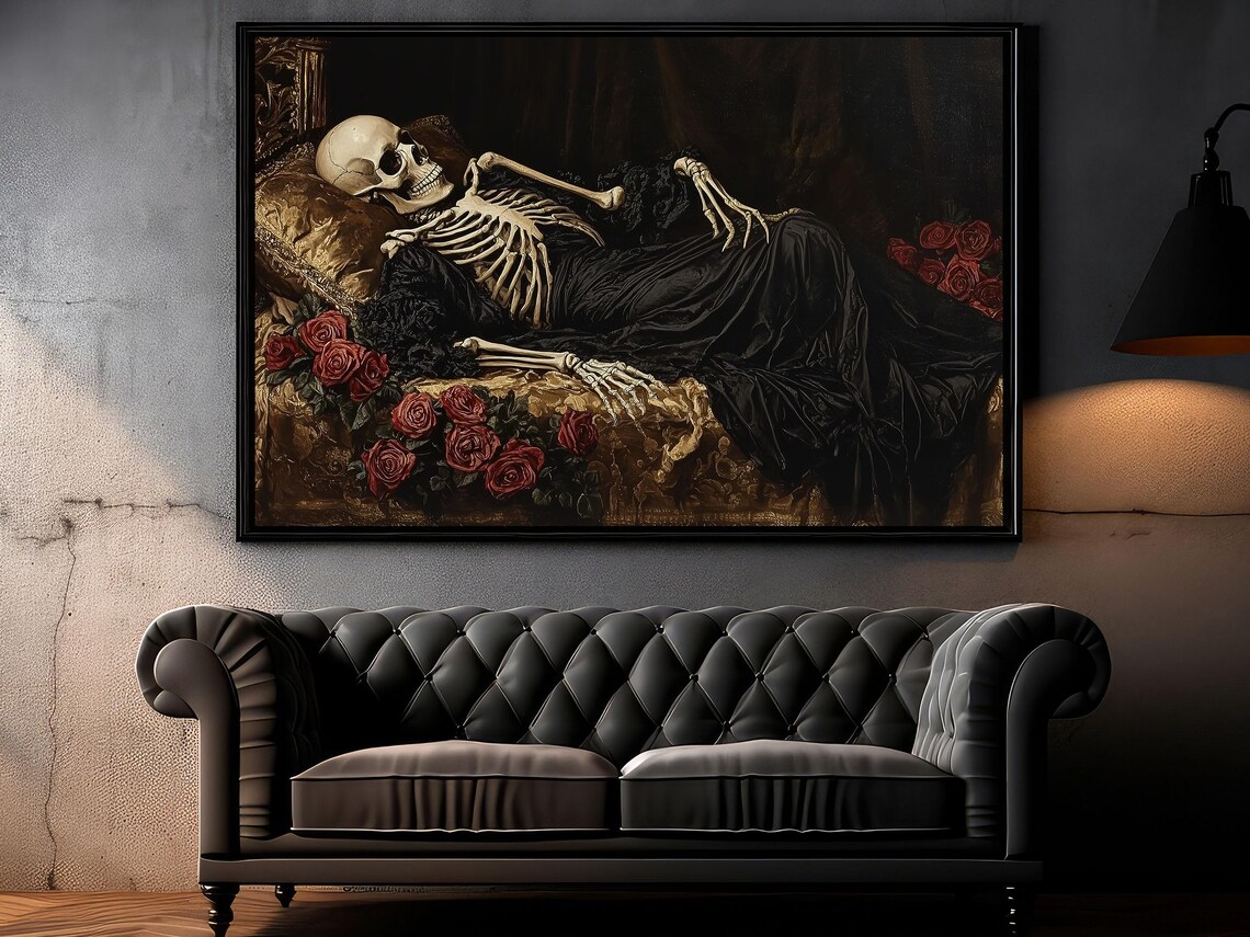 Victorian Skeleton Reclining On Sofa Red Roses Dark Gothic Oil Painting Poster - Image 6