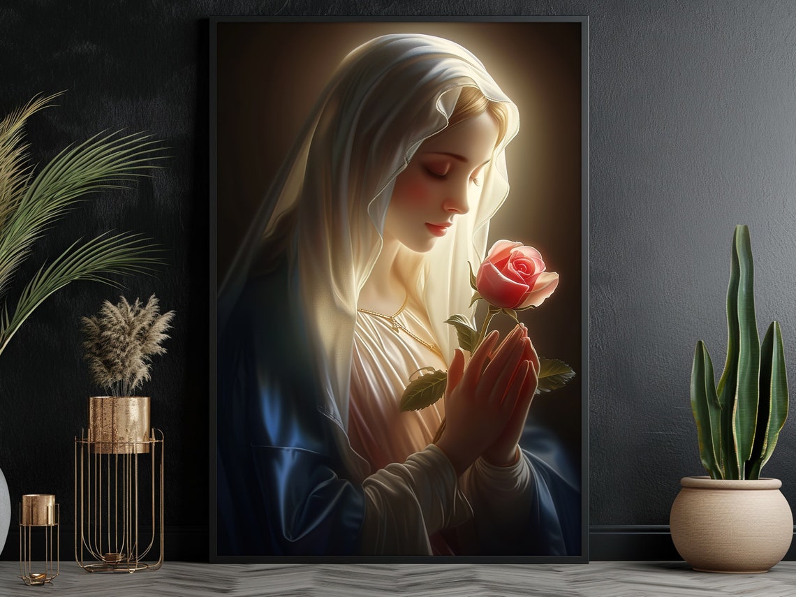 Virgin Mary Praying With Pink Rose Glowing Halo Devotional Poster