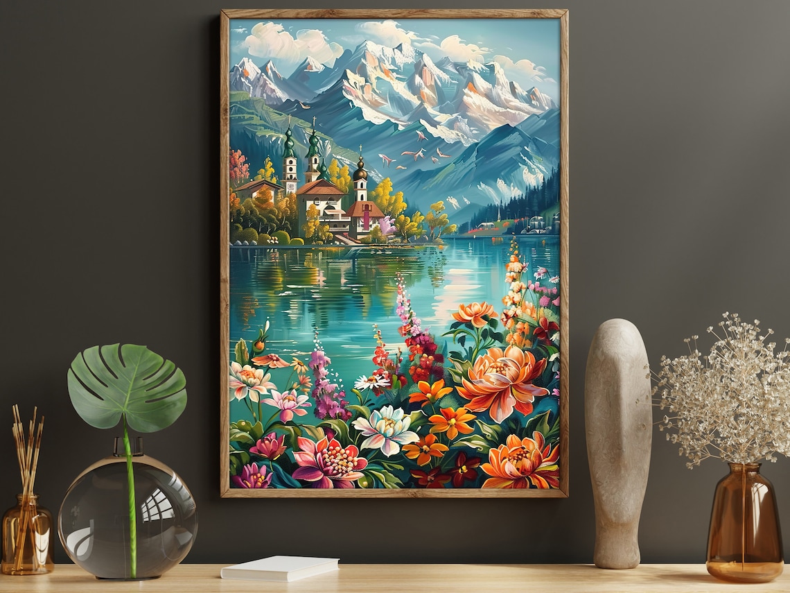 Vintage Countryside Lake Oil Painting Dreamy Mountain Art Print Landscape Print Flowers Wall Art Landscape Print