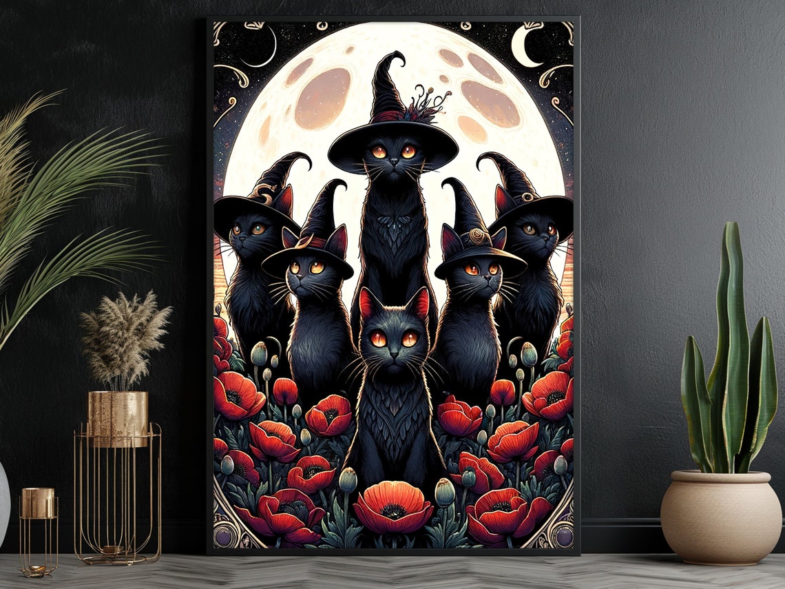 Seven Black Cats In Witch Hats Full Moon Poppies Halloween Wall Poster