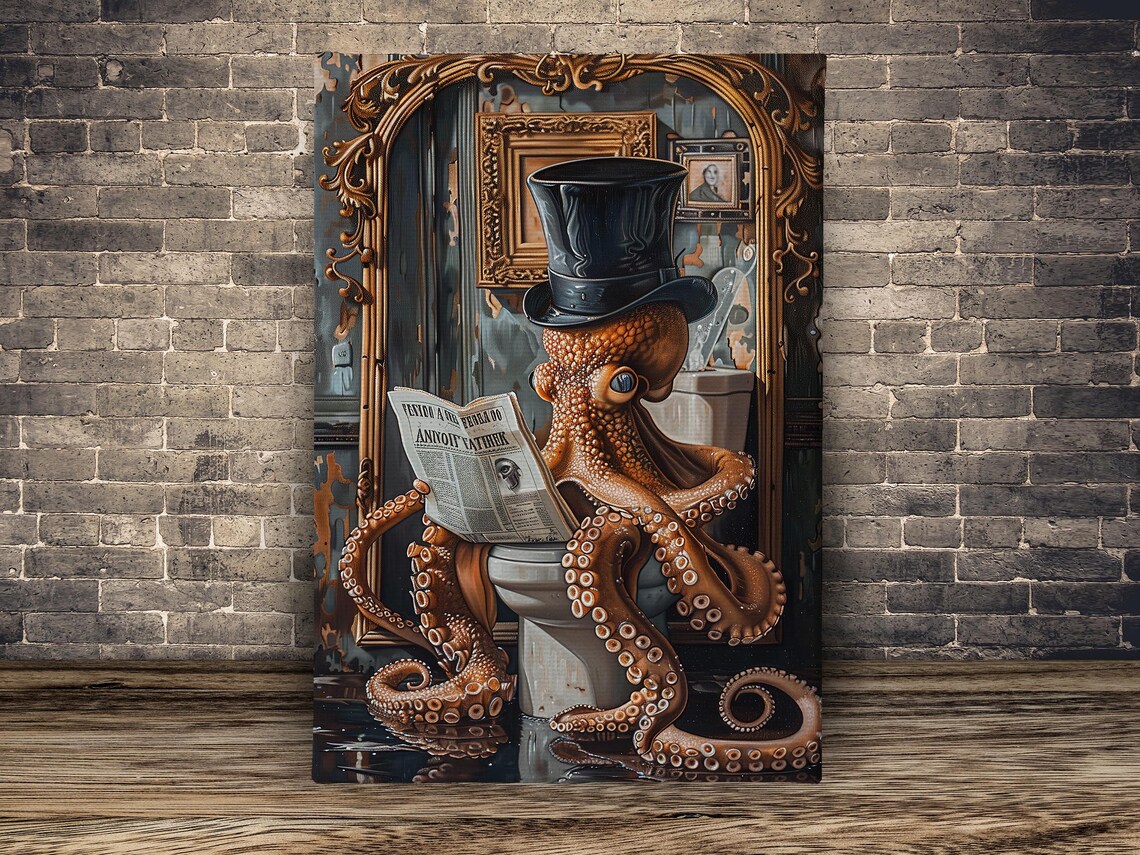 Vintage Octopus on Toilet Bathroom Poster Print - Image 2