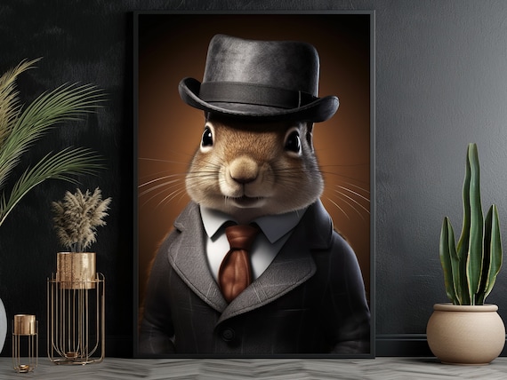 Squirrel In Gray Suit Fedora Gentleman Portrait Funny Animal Wall Poster