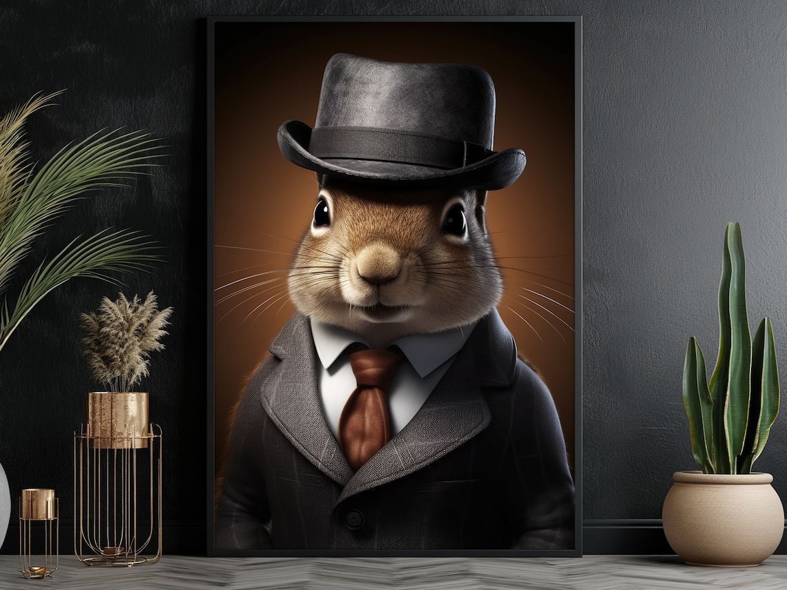 Squirrel In Gray Suit Fedora Gentleman Portrait Funny Animal Wall Poster