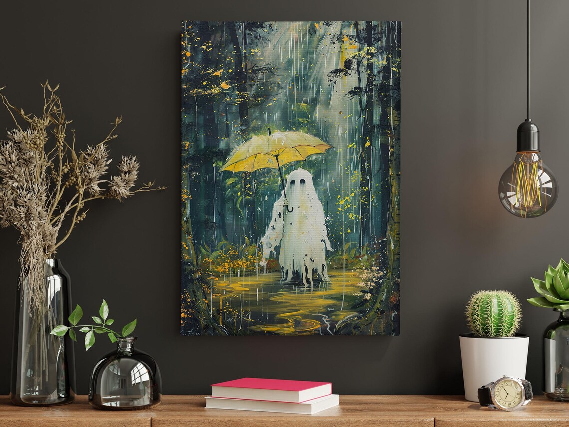 Whimsical Ghost Holding Yellow Umbrella in Rainy Forest Painting Poster - Image 4