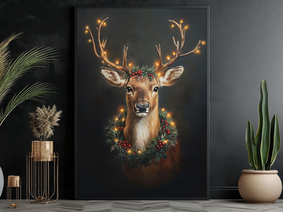 Vintage Christmas Reindeer Art Print, Cottage Decor