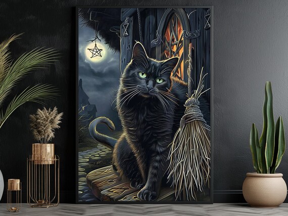 Black Cat Witch Halloween Painting Haunted House Broom Moon Gothic Poster