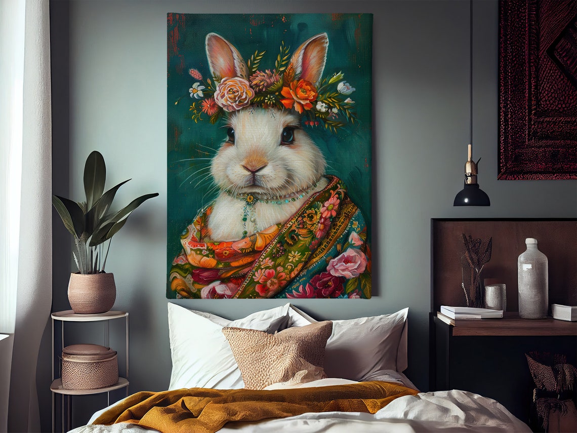 White Rabbit Flower Crown Floral Shawl Maximalist Animal Poster - Image 3