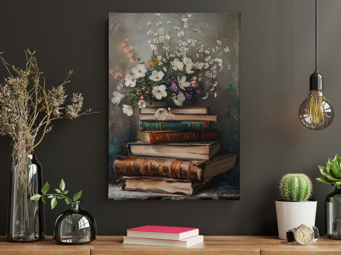 Vintage Flowers And Books Painting Flowers Vase Print Cottage Flowers Flowers Poster Flowers Wall Art - Image 4