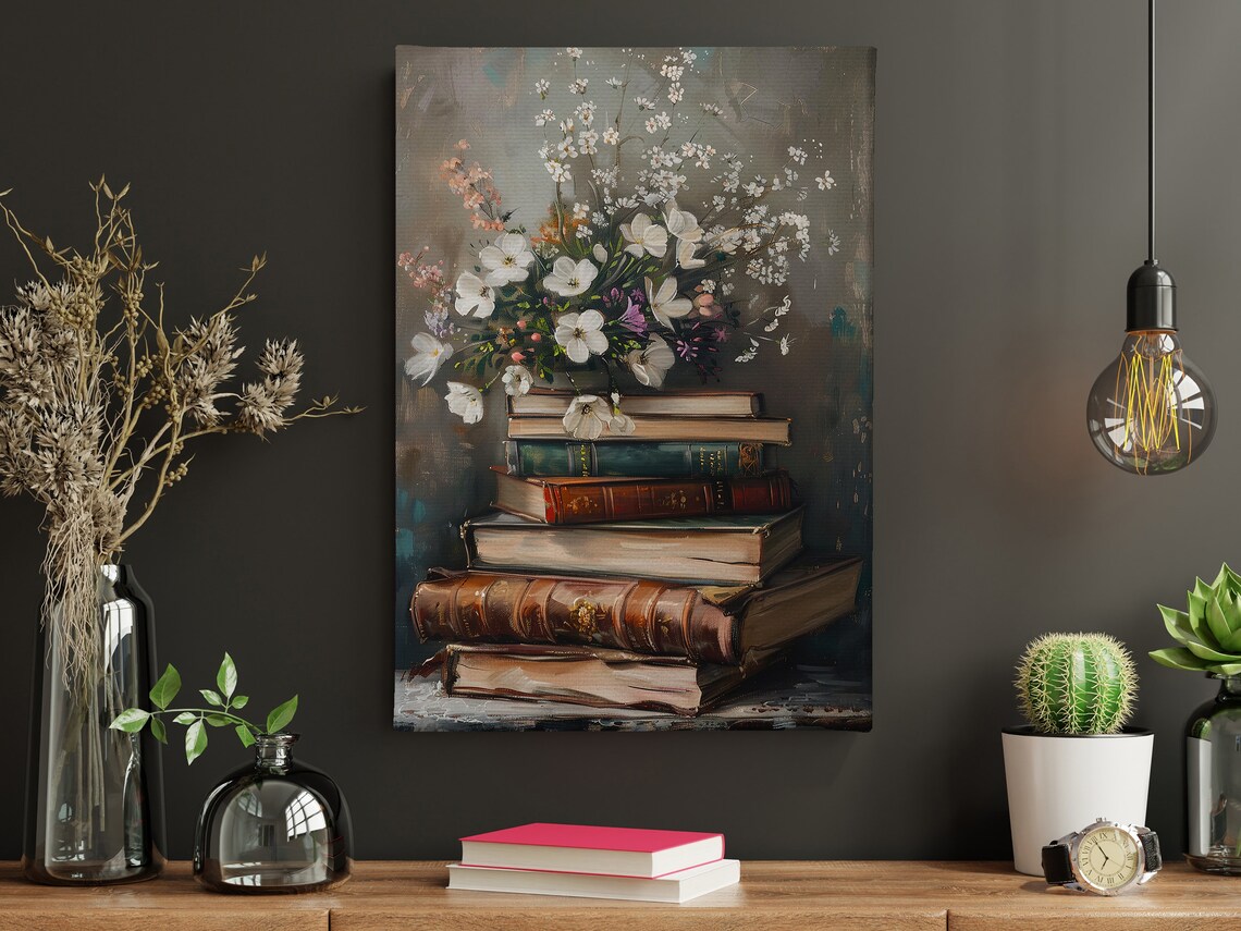 White Wildflowers On Stack Of Vintage Books Moody Library Art Poster - Image 4
