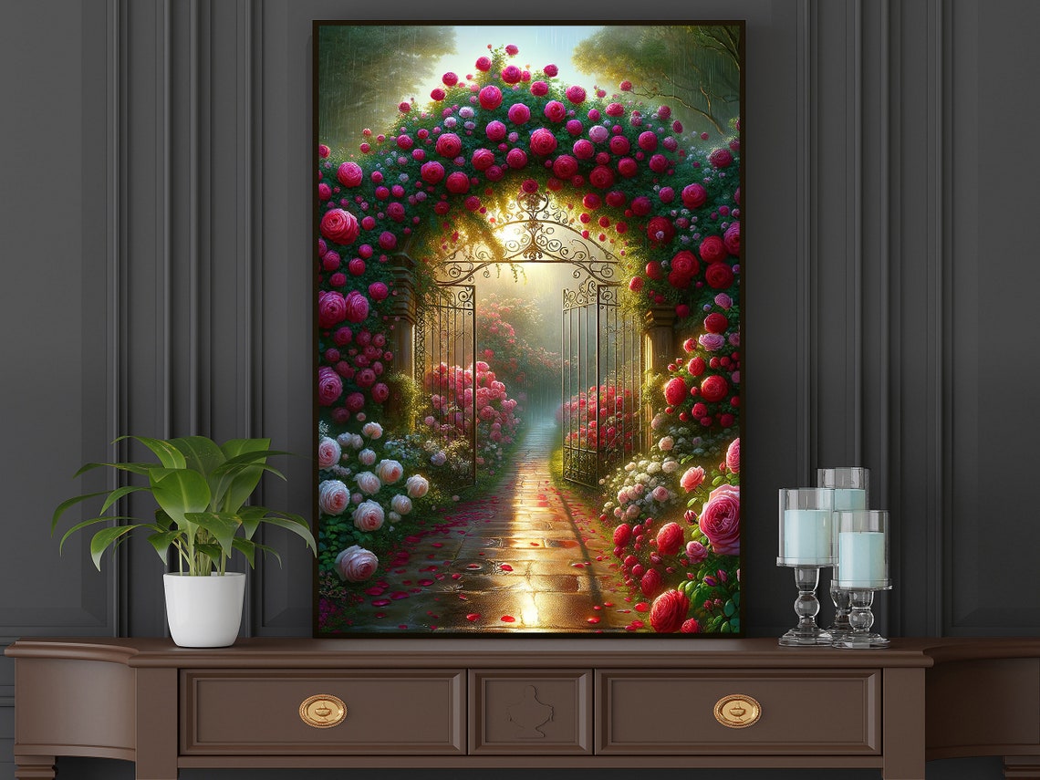 Rose Covered Garden Gate Arch Glowing Path Romantic Floral Art Poster - Image 3