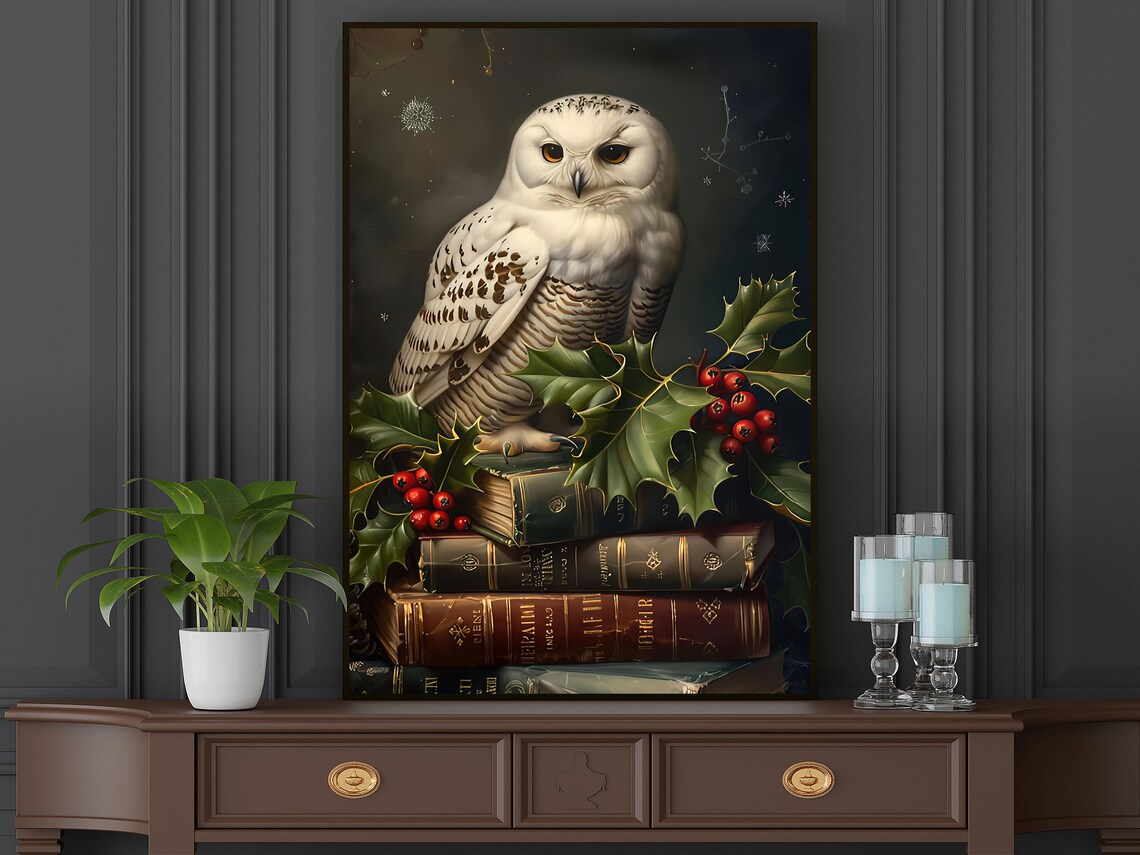 Cottage Owl And Books Painting Vintage Owl Print Owl Print Animal Poster Print Wild Animal Wall Art - Image 4