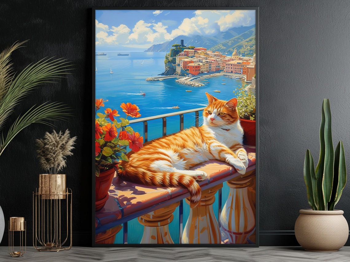Orange Cat Sunbathing On Coastal Balcony Mediterranean Town Art Poster