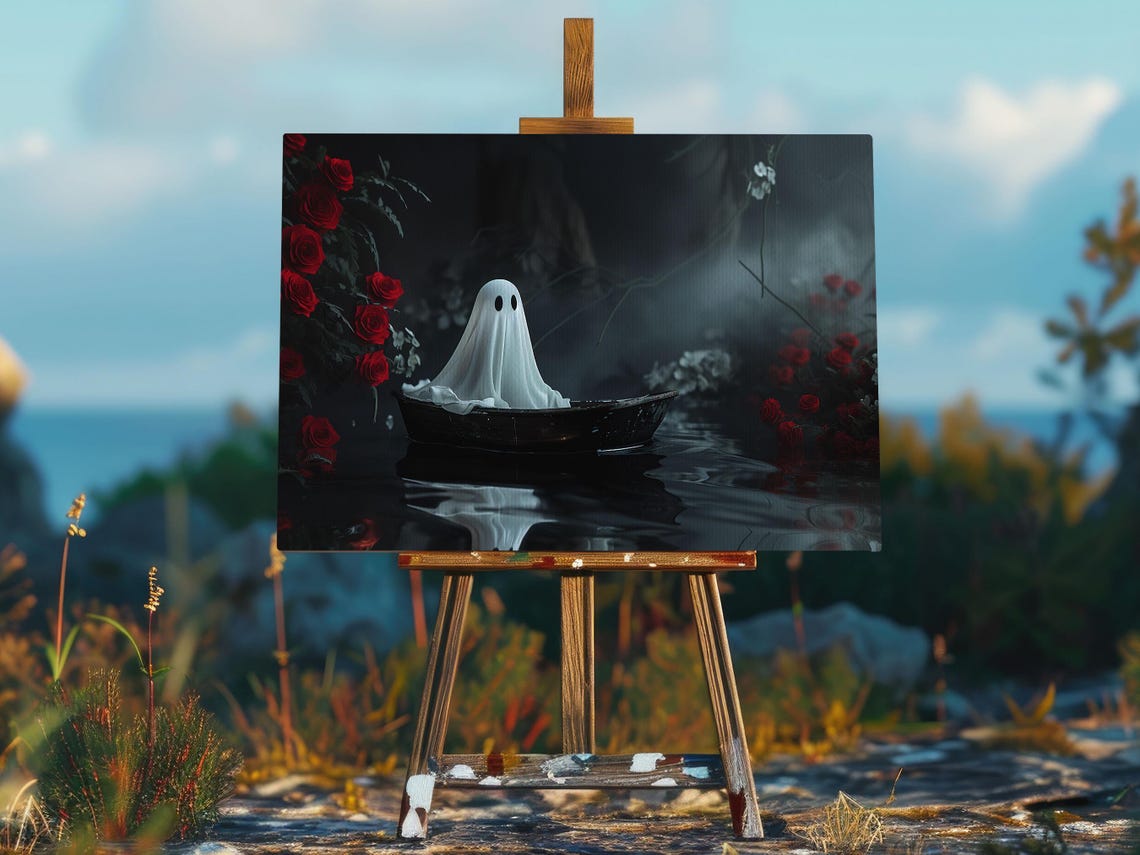 Dark Ghost in Rowboat on Misty Water Surrounded by Red Roses Poster - Image 2