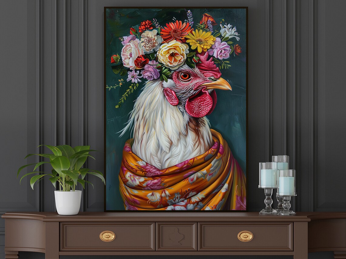 White Rooster Flower Crown Floral Shawl Farm Animal Art Poster - Image 4
