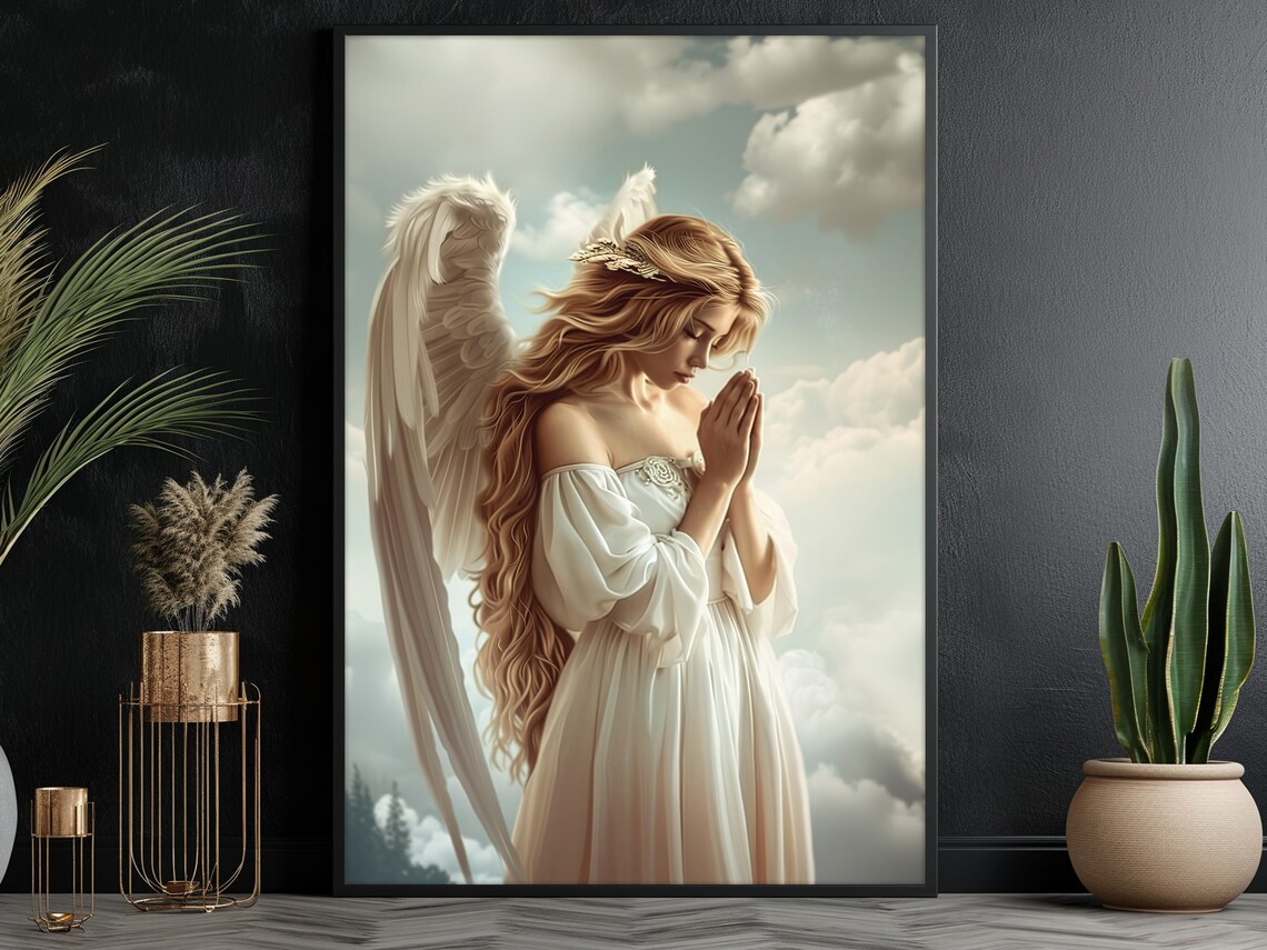 Praying Angel White Dress Clouds Faith Guardian Angel Spiritual Wall Art - Image 4