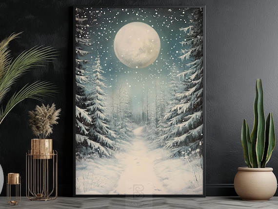 Vintage Winter Forest Painting Snowy Print Warm Holiday Poster Snowy Wall Art Winter Decor