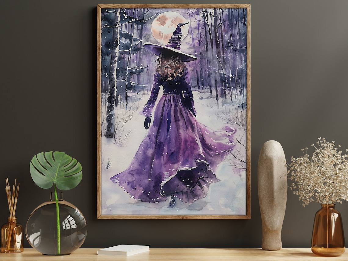 Young Witch in Winter Forest Oil Painting Print
