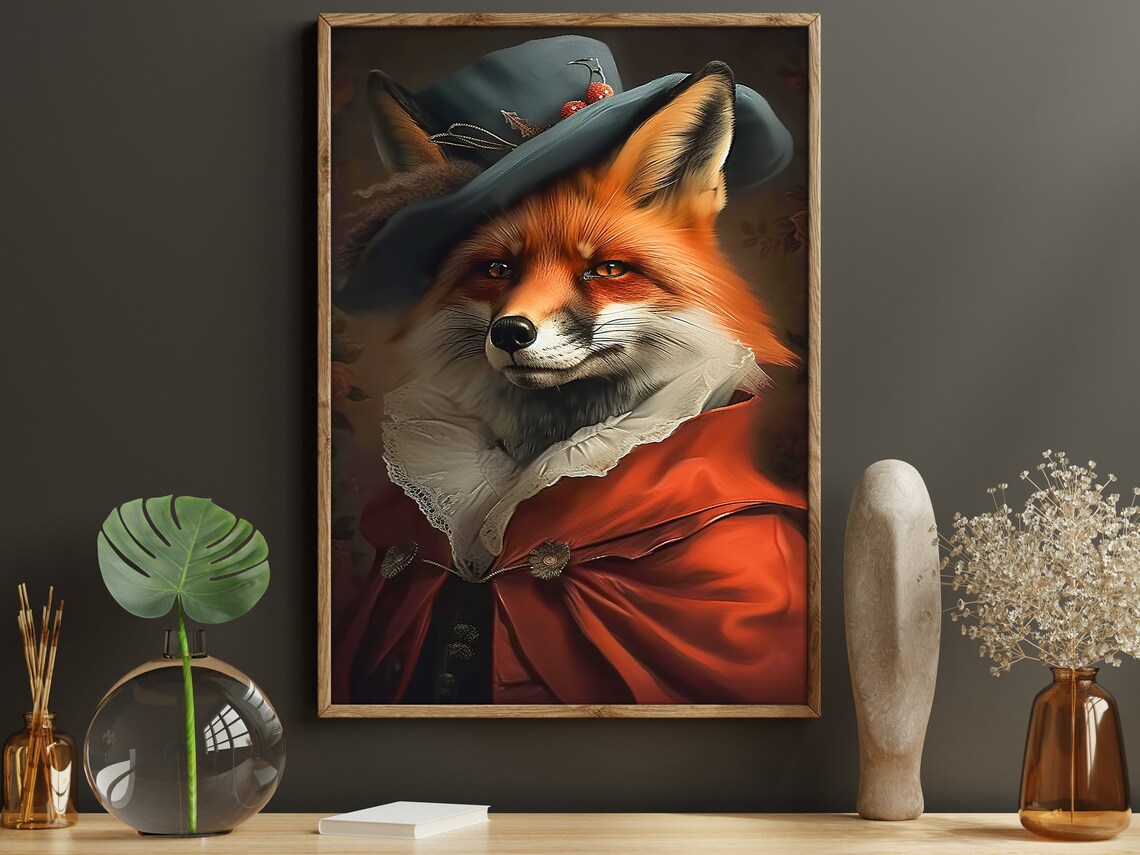 Fox Gentleman In Red Coat Hat With Cherries Vintage Portrait Wall Poster - Image 5