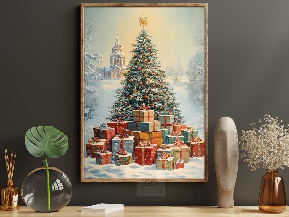Village Christmas Tree With Church Gifts And Snowy Golden Star Poster - Image 5