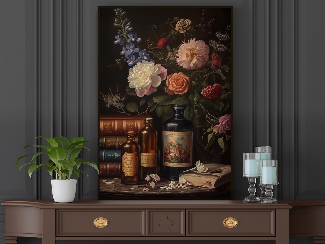 Dark Surreal Magic Book and Flowers, Dark Academia Art Print - Image 2