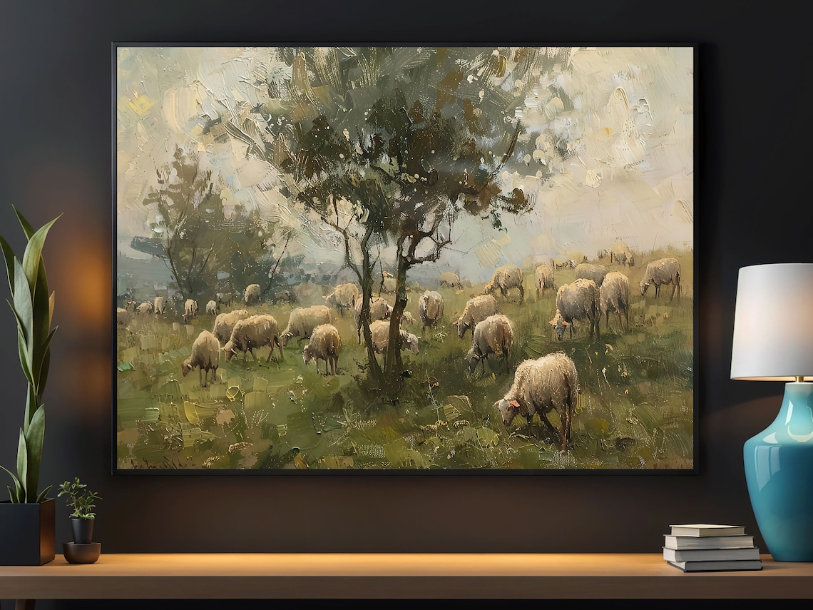 Vintage Sheep in the Field Oil Painting Art Print
