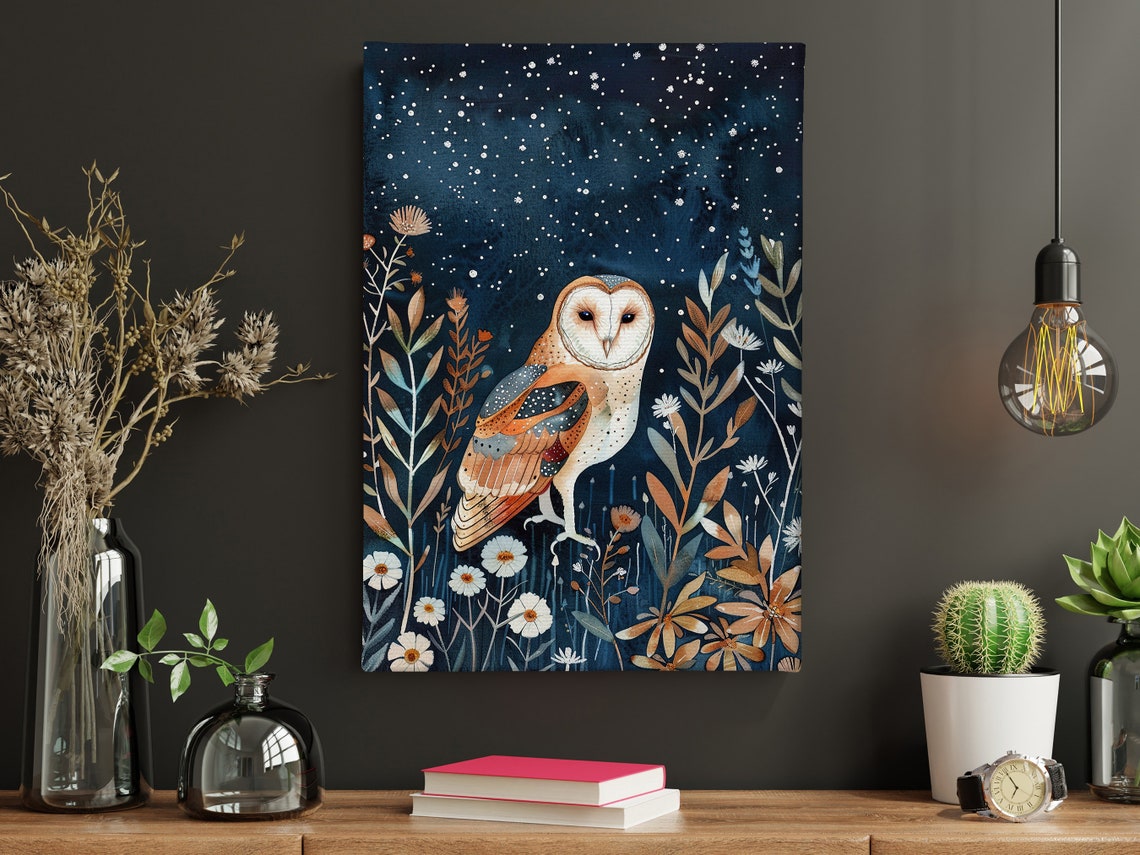 Barn Owl Starry Night Wildflower Meadow Celestial Art Poster - Image 4