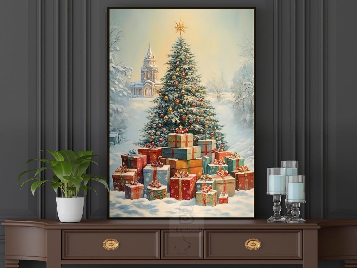 Village Christmas Tree With Church Gifts And Snowy Golden Star Poster - Image 6