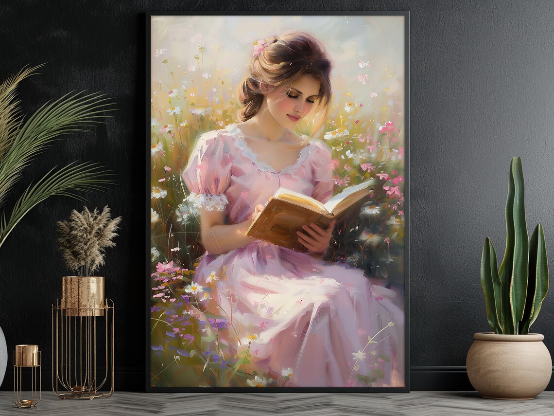 Vintage Girl Reading in Flower Garden, Art Print - Image 3