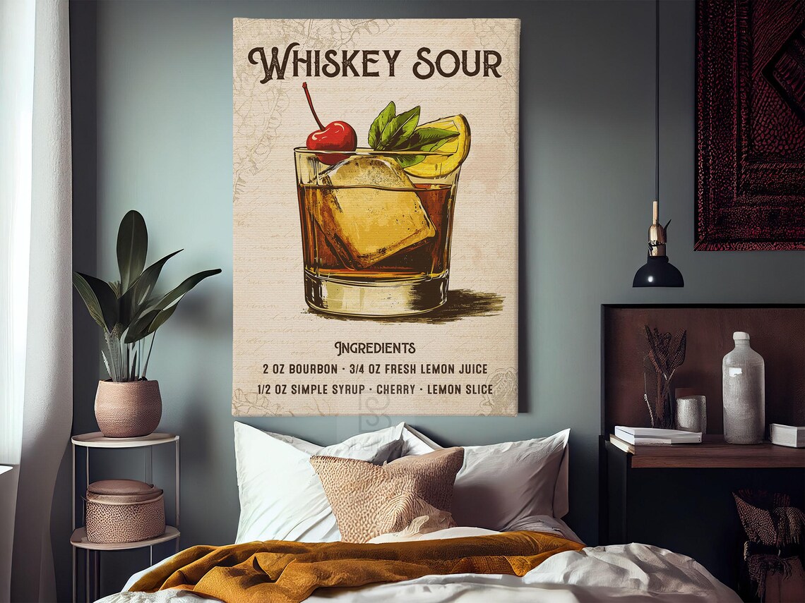 Vintage Whiskey Sour Cocktail Recipe Wall Art Bourbon Cherry Orange Poster - Image 3