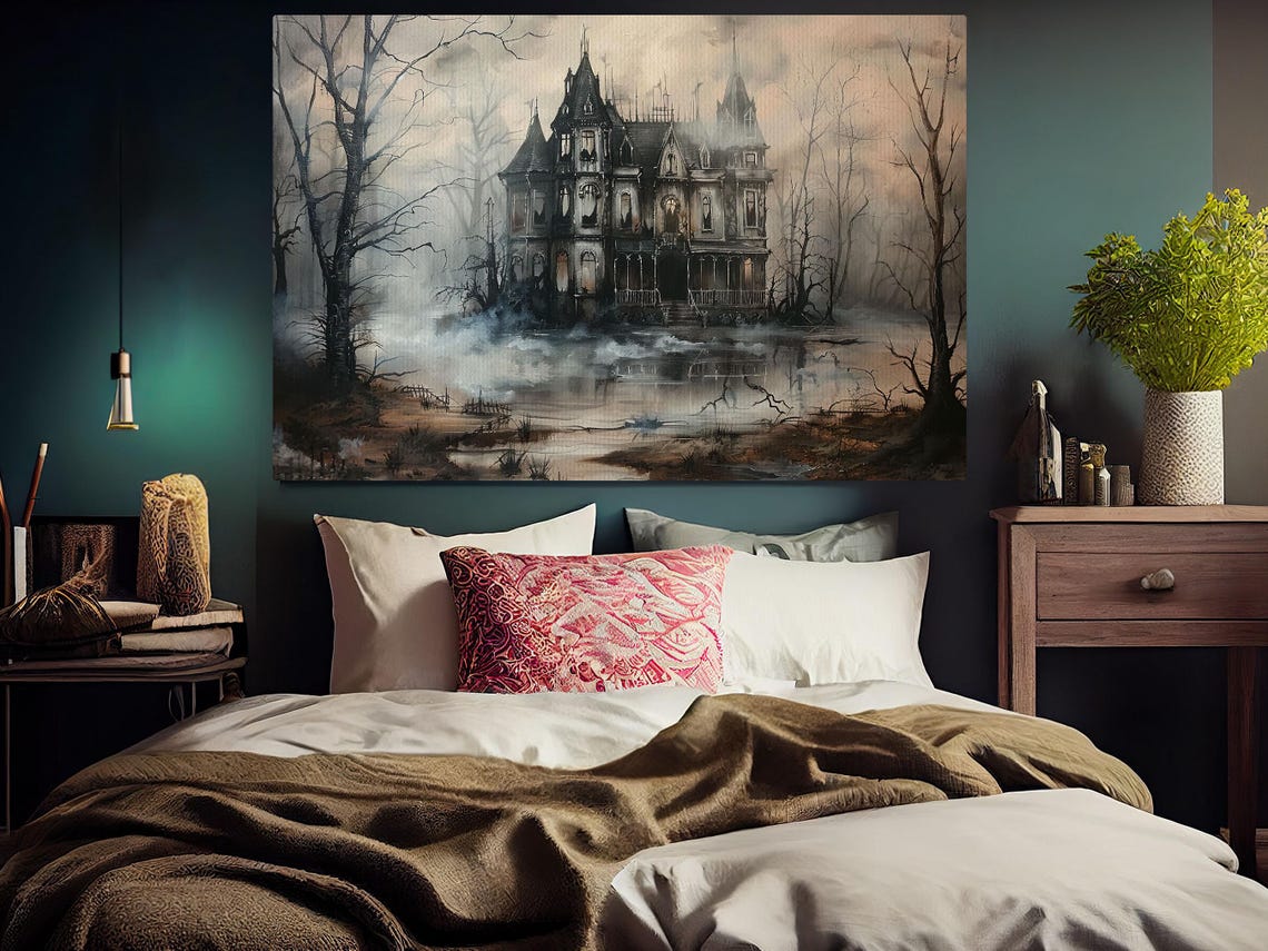 Foggy Haunted Mansion Among Bare Trees Gray Spooky Halloween Print - Image 5
