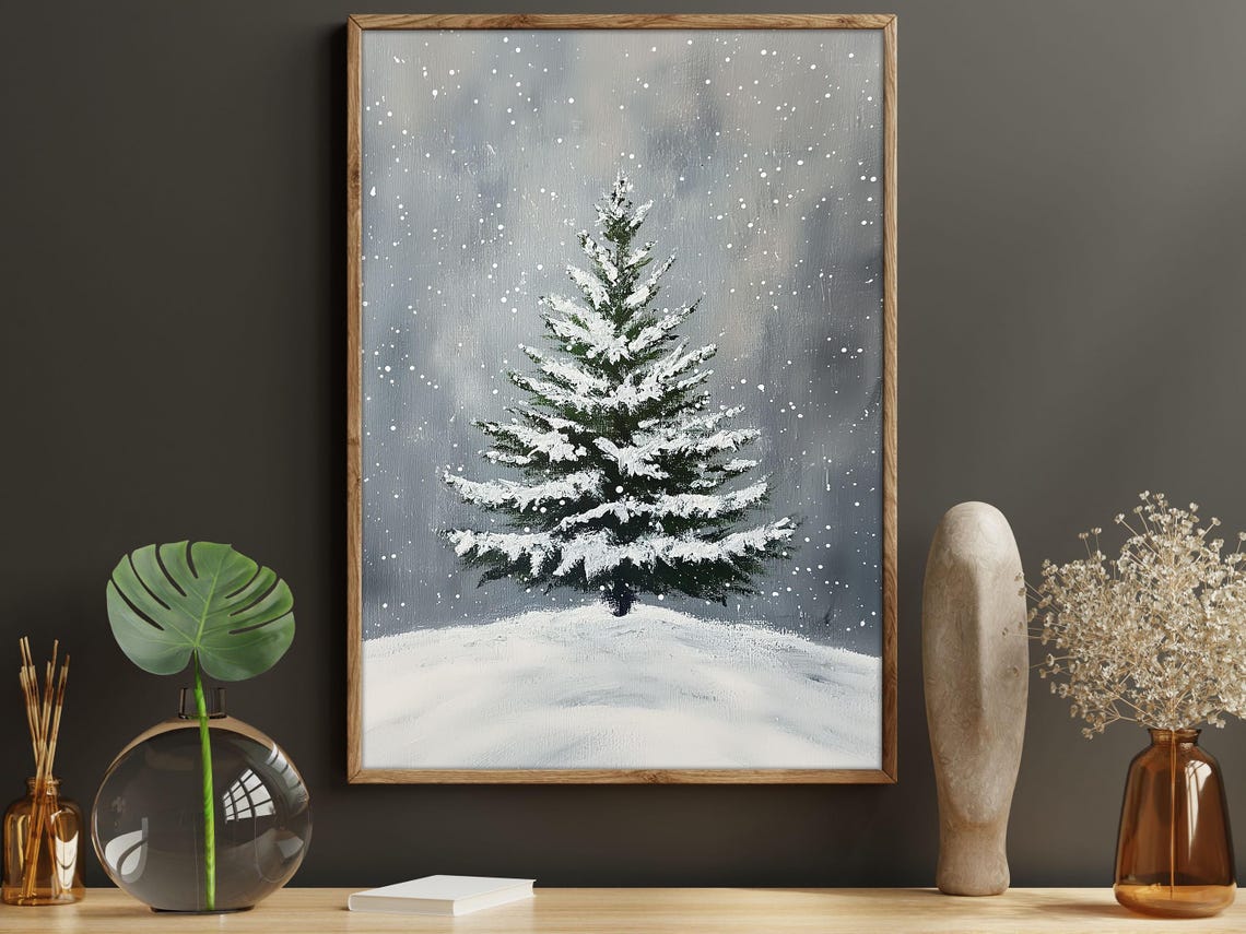Snowy Pine Tree In Falling Snow Minimalist Winter Landscape Wall Art
