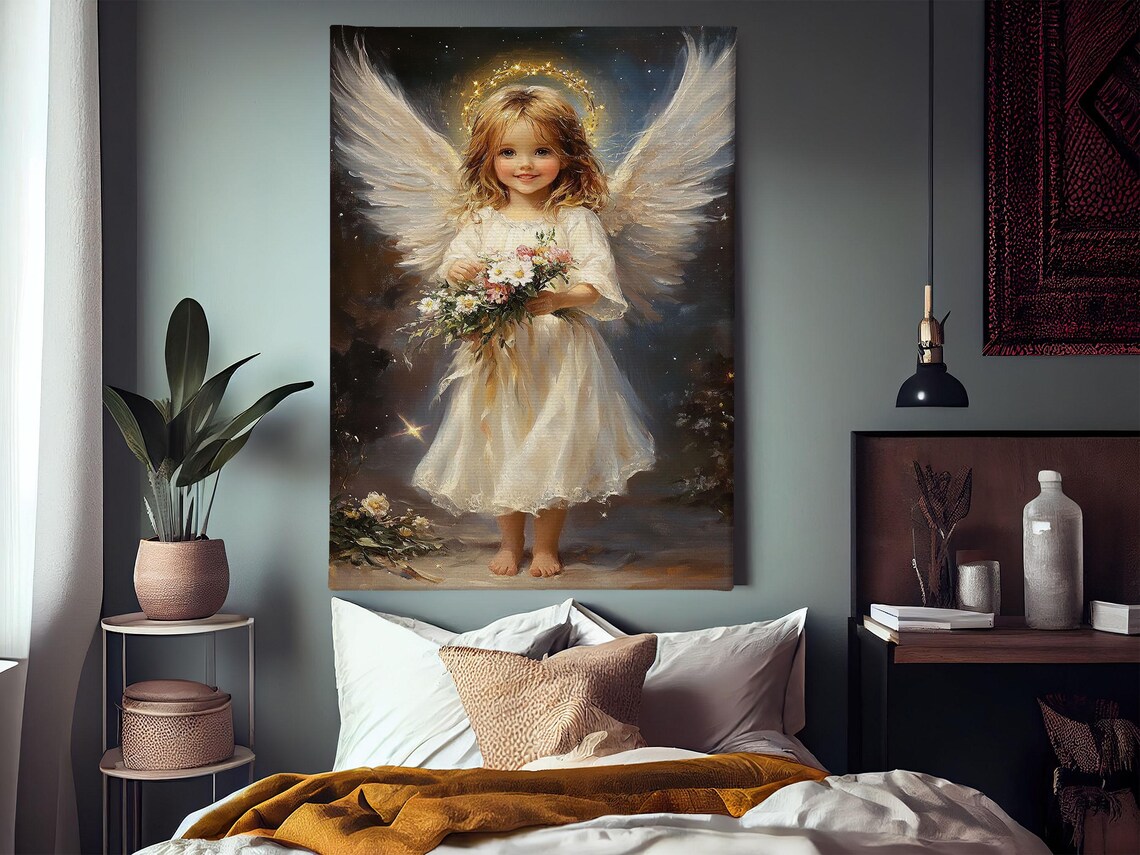 Little Angel Girl With Golden Halo Holding Flower Bouquet Night Poster - Image 3