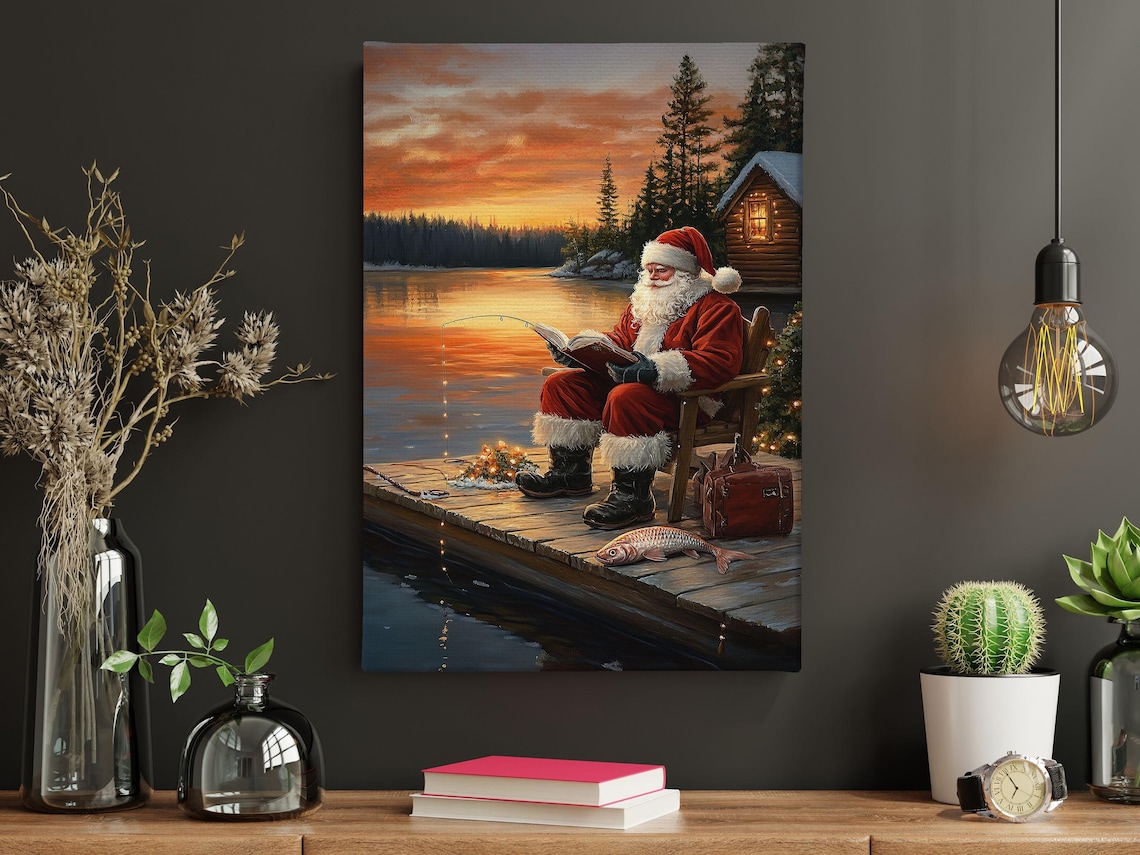 Vintage Santa Reading And Fishing Christmas Art Print - Image 4