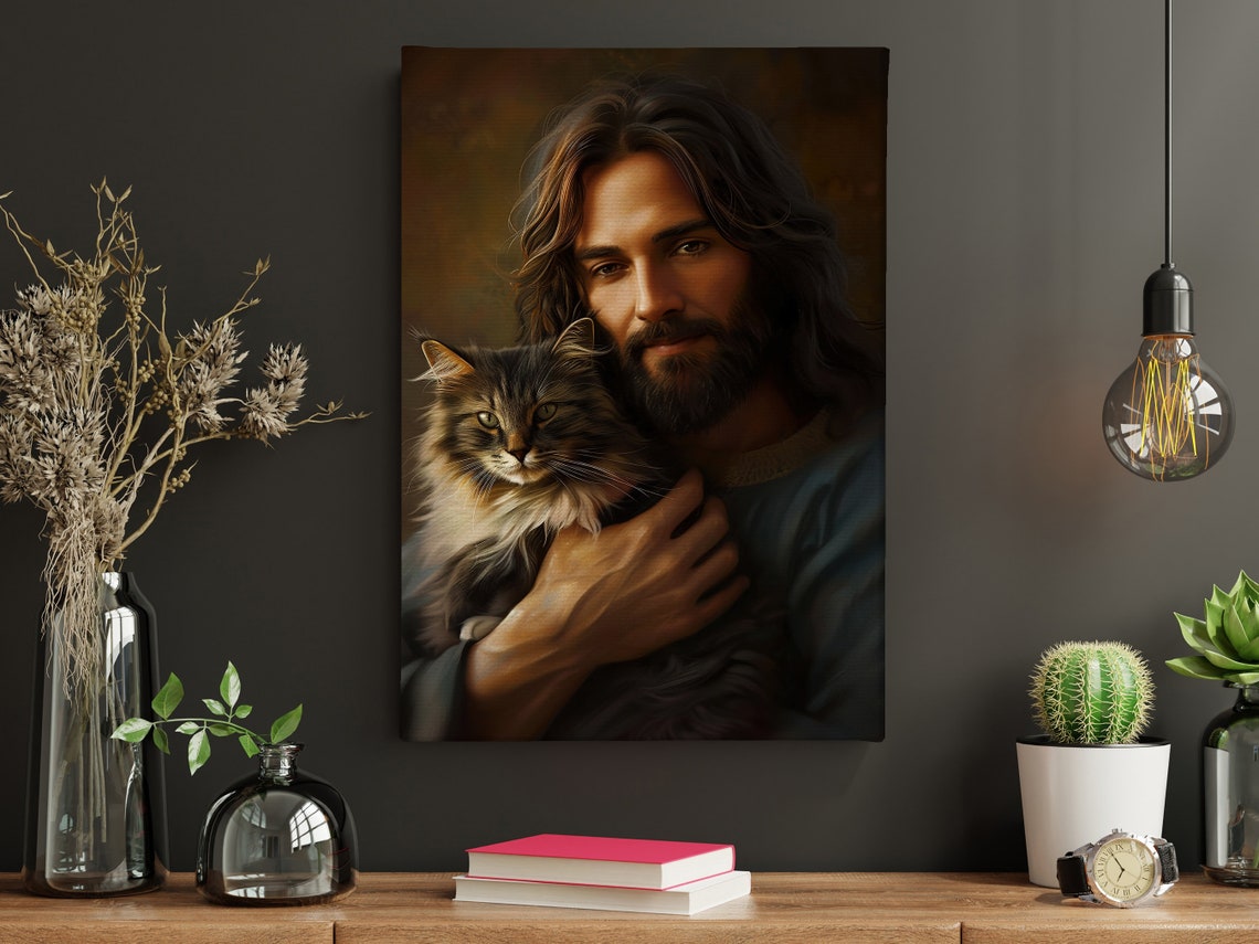 Jesus Holding A Fluffy Tabby Cat Warm Devotional Faith Art Poster - Image 4