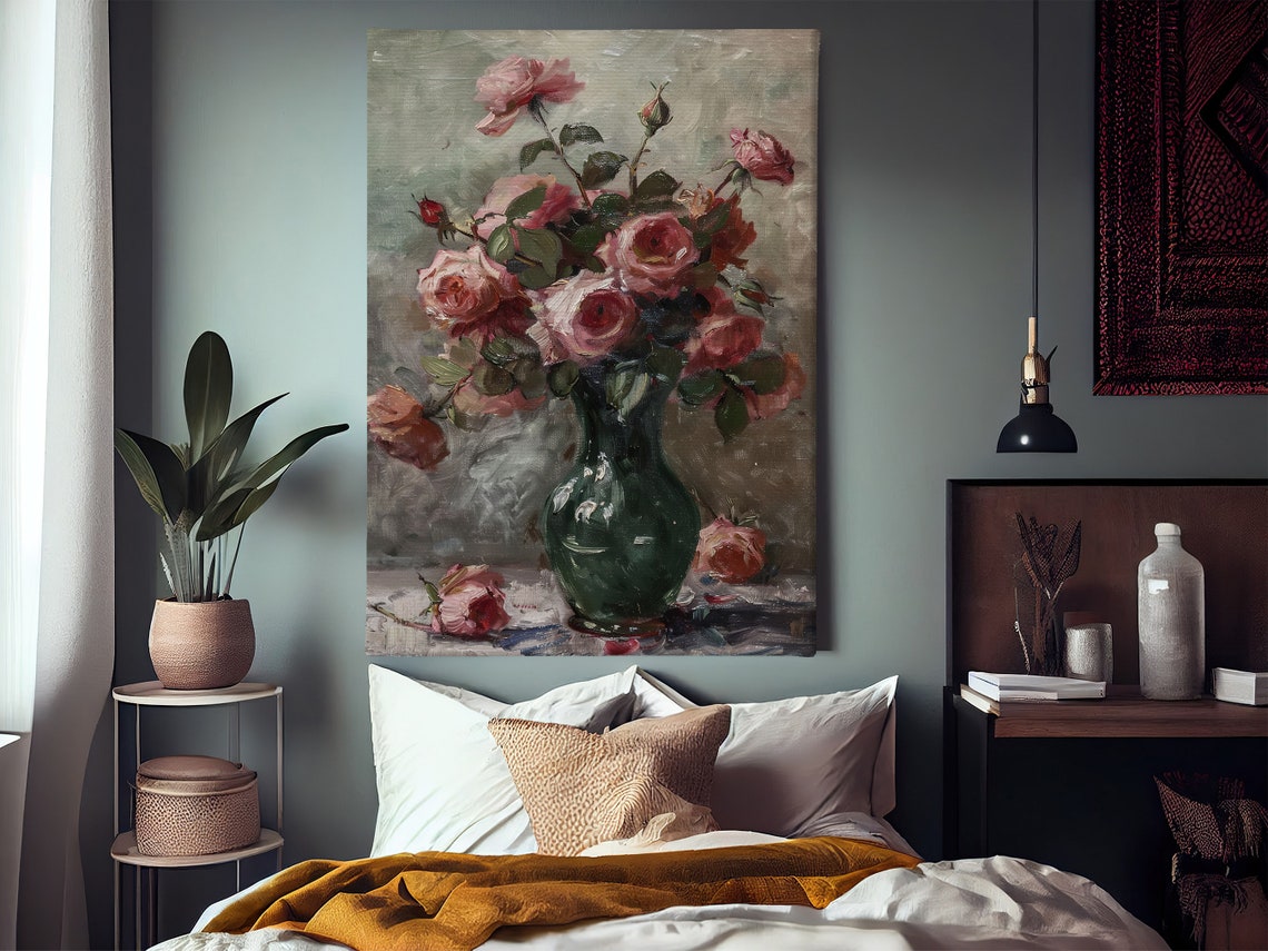 Vintage Roses Vase Oil Painting Flowers Vase Print Cottage Flowers Flowers Poster Retro Flowers Wall Art - Image 2