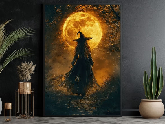 Magical Moon Witch Halloween Wall Art Print, Dark