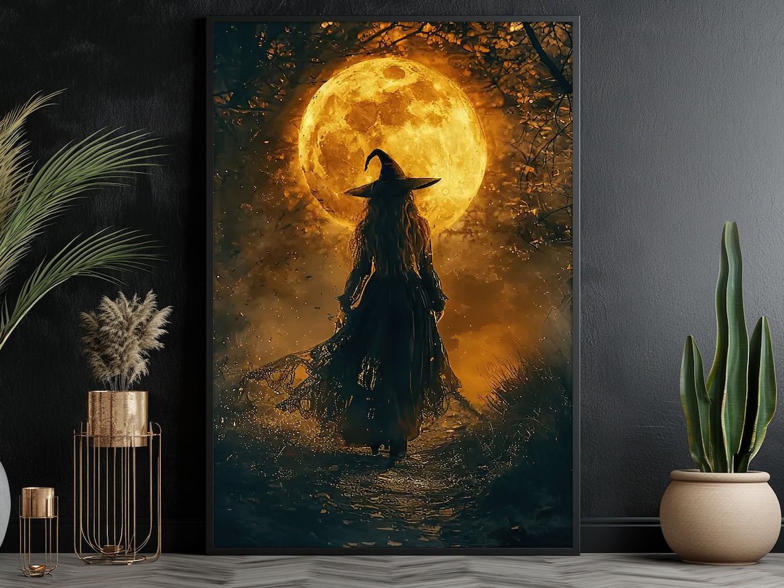 Magical Moon Witch Halloween Wall Art Print, Dark