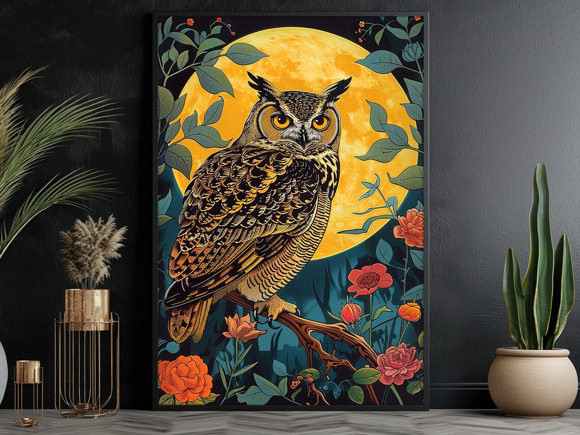 Great Horned Owl Under Golden Full Moon Red Flowers Night Art Poster - Image 3