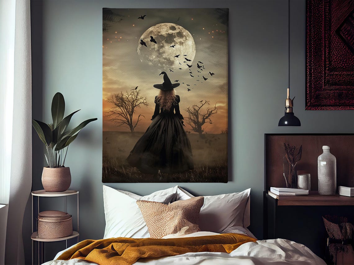 Witch In Field Under Full Moon With Bats Spooky Halloween Art Print - Image 3