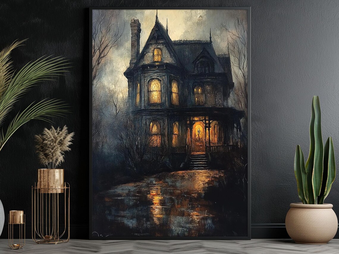 Victorian Haunted Mansion Night Glowing Amber Windows Misty Water Reflection Poster